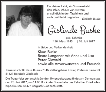 Anzeige von Gislinde Buske von  Bergisches Sonntagsblatt 