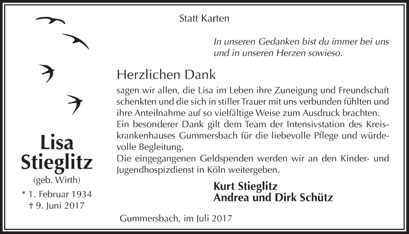  Traueranzeige für Lisa Stieglitz vom 26.07.2017 aus  Anzeigen Echo 