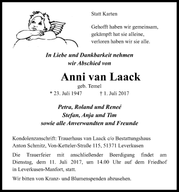 Anzeige von Anni van Laack von Kölner Stadt-Anzeiger / Kölnische Rundschau / Express