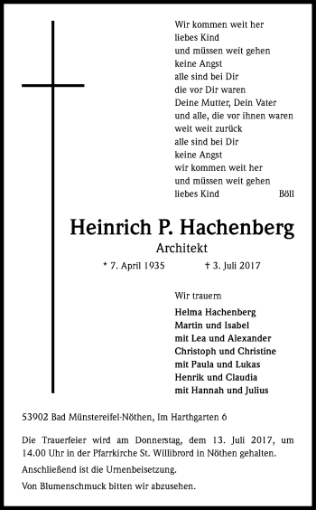 Anzeige von Heinrich  Hachenberg von Kölner Stadt-Anzeiger / Kölnische Rundschau / Express