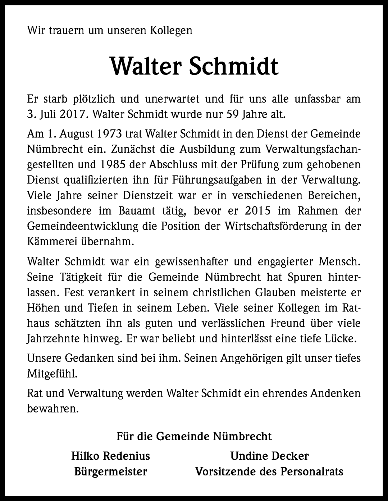  Traueranzeige für Walter Schmidt vom 08.07.2017 aus Kölner Stadt-Anzeiger / Kölnische Rundschau / Express