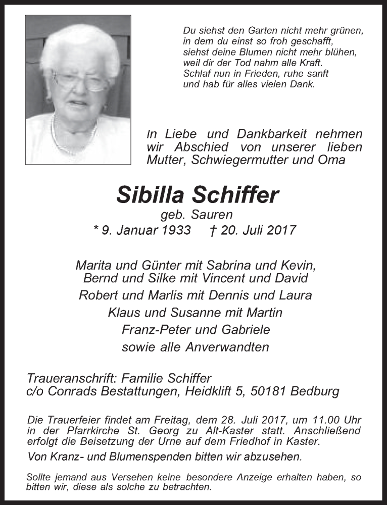  Traueranzeige für Sibilla Schiffer vom 26.07.2017 aus  Werbepost 