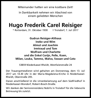 Anzeige von Hugo Frederik Carel Reisiger von Kölner Stadt-Anzeiger / Kölnische Rundschau / Express