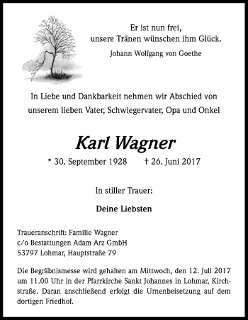 Anzeige von Karl Wagner von Kölner Stadt-Anzeiger / Kölnische Rundschau / Express