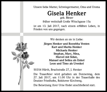 Anzeige von Gisela Henker von Kölner Stadt-Anzeiger / Kölnische Rundschau / Express