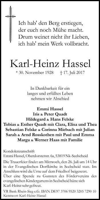Anzeige von Karl-Heinz Hassel von Kölner Stadt-Anzeiger / Kölnische Rundschau / Express