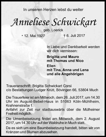 Anzeige von Anneliese Schwickart von Kölner Stadt-Anzeiger / Kölnische Rundschau / Express