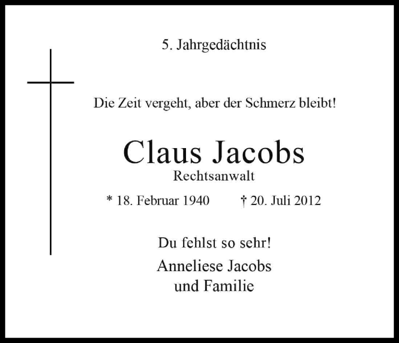  Traueranzeige für Claus Jacobs vom 20.07.2017 aus Kölner Stadt-Anzeiger / Kölnische Rundschau / Express