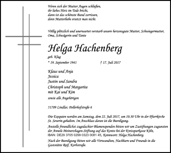 Anzeige von Helga Hachenberg von Kölner Stadt-Anzeiger / Kölnische Rundschau / Express