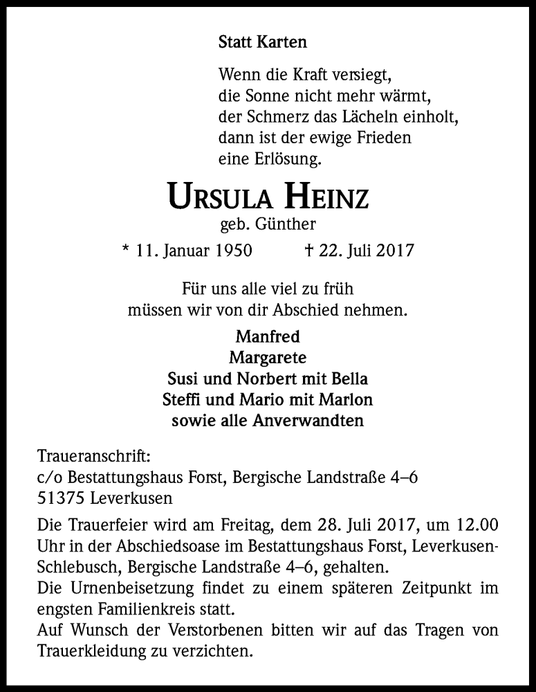  Traueranzeige für Ursula Heinz vom 26.07.2017 aus Kölner Stadt-Anzeiger / Kölnische Rundschau / Express