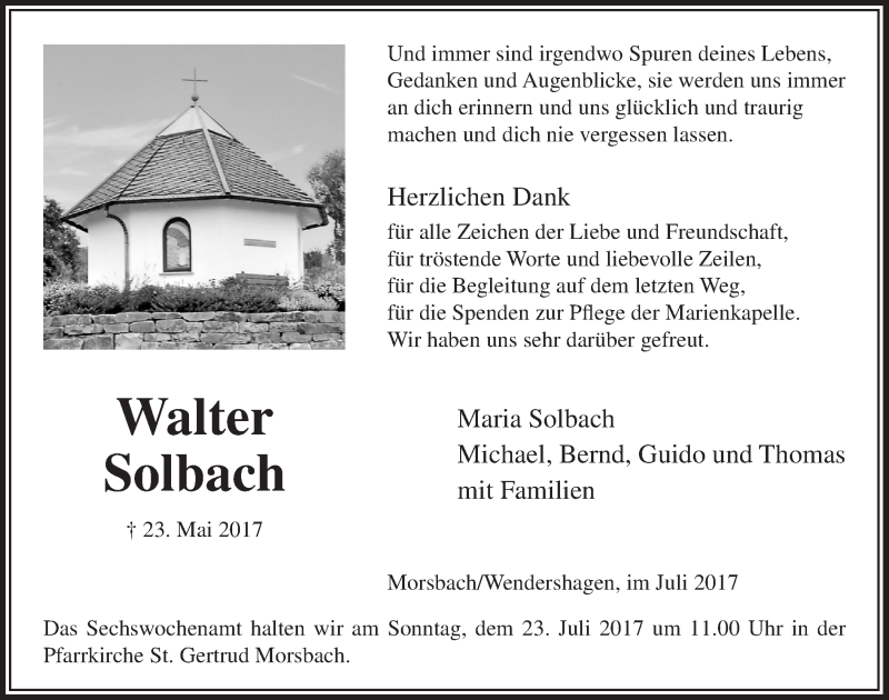  Traueranzeige für Walter Solbach vom 19.07.2017 aus  Lokalanzeiger 