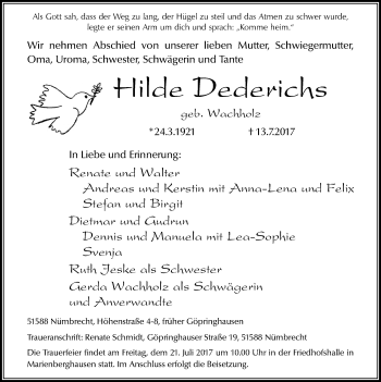 Anzeige von Hilde Dederichs von  Lokalanzeiger 