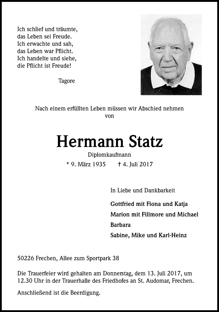  Traueranzeige für Hermann Statz vom 08.07.2017 aus Kölner Stadt-Anzeiger / Kölnische Rundschau / Express