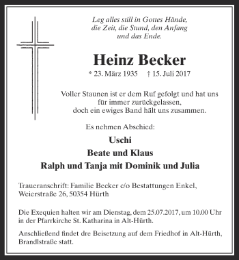 Anzeige von Heinz Becker von  Wochenende 