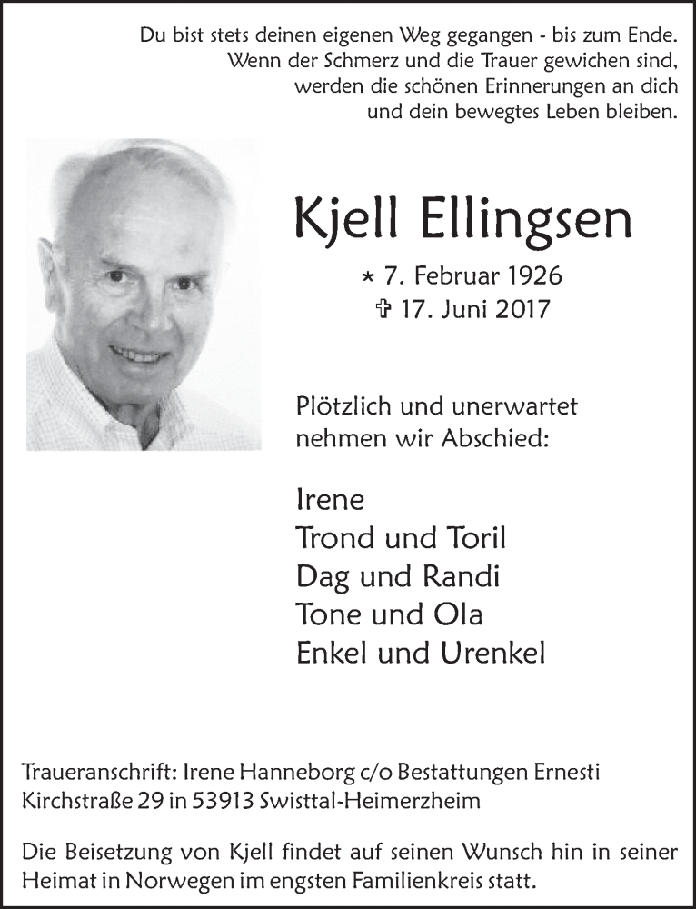  Traueranzeige für Kjell Ellingsen vom 05.07.2017 aus  Schaufenster/Blickpunkt 
