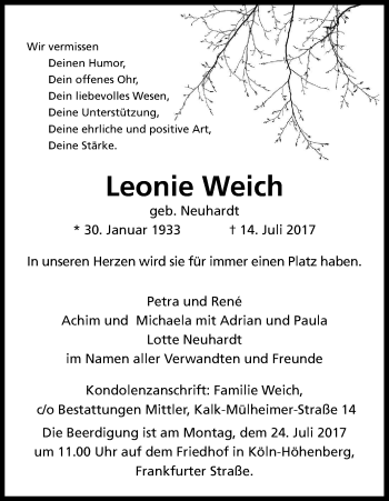 Anzeige von Leonie Weich von Kölner Stadt-Anzeiger / Kölnische Rundschau / Express