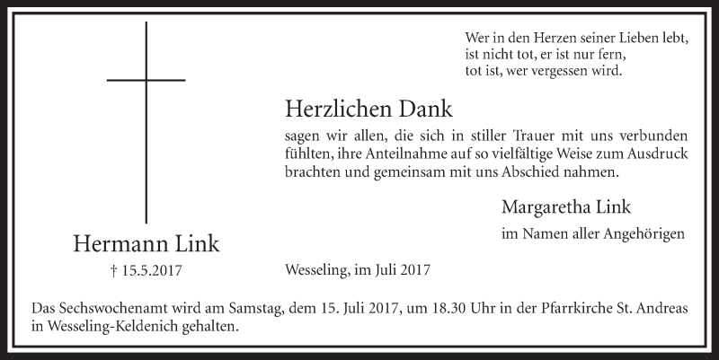  Traueranzeige für Hermann Link vom 05.07.2017 aus  Schlossbote/Werbekurier 
