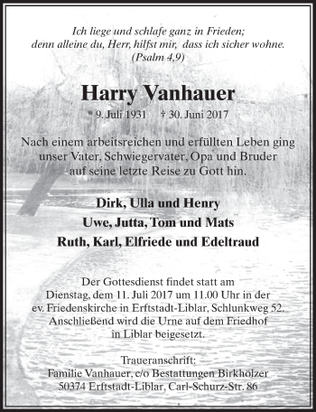 Anzeige von Harry Vanhauer von  Sonntags-Post 