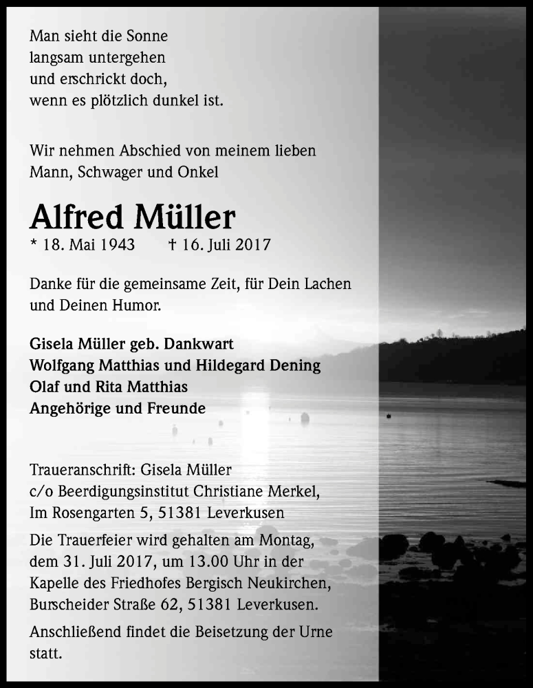  Traueranzeige für Alfred Müller vom 22.07.2017 aus Kölner Stadt-Anzeiger / Kölnische Rundschau / Express