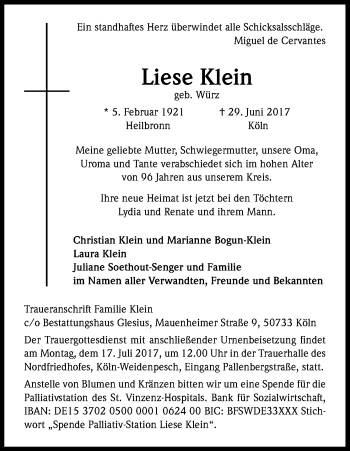 Anzeige von Liese Klein von Kölner Stadt-Anzeiger / Kölnische Rundschau / Express