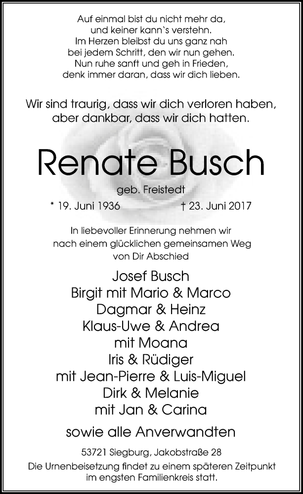  Traueranzeige für Renate Busch vom 05.07.2017 aus  Extra Blatt 