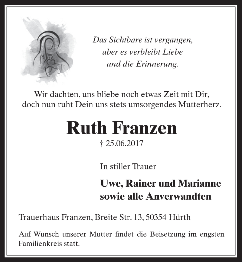  Traueranzeige für Ruth Franzen vom 19.07.2017 aus  Wochenende 