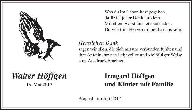  Traueranzeige für Walter Höffgen vom 19.07.2017 aus  Lokalanzeiger 