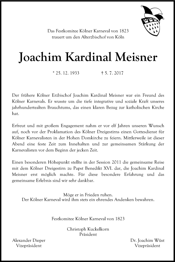  Traueranzeige für Joachim Meisner vom 08.07.2017 aus Kölner Stadt-Anzeiger / Kölnische Rundschau / Express