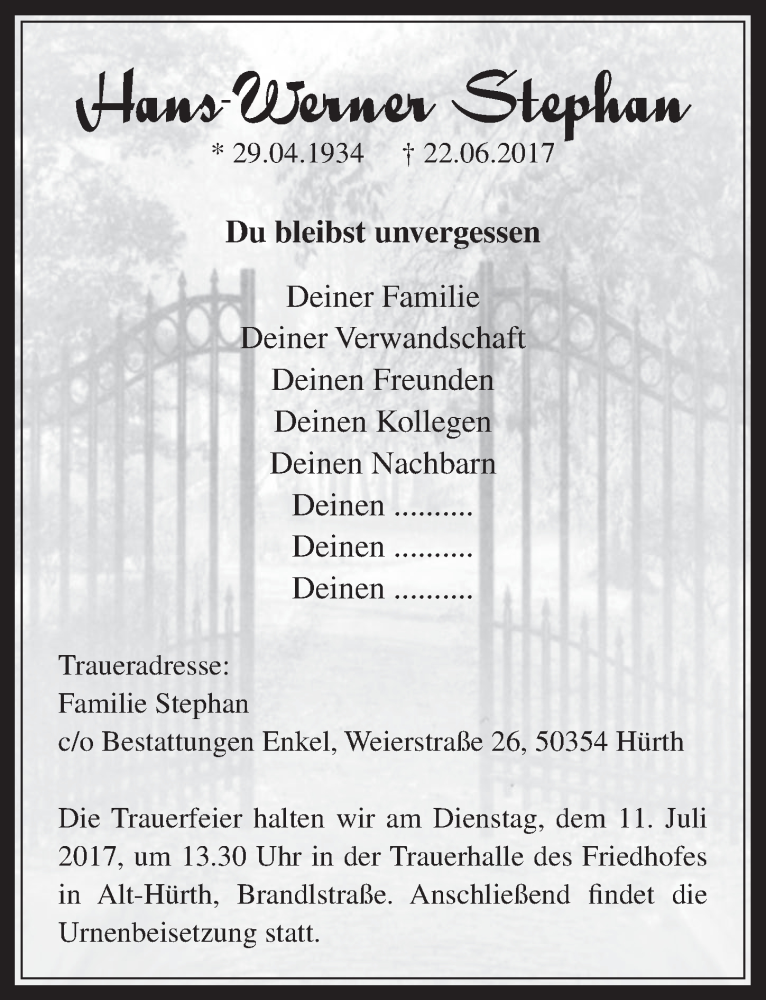  Traueranzeige für Hans-Werner Stephan vom 05.07.2017 aus  Wochenende 