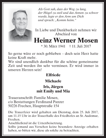 Anzeige von Heinz Werner Mosen von  Wochenende 