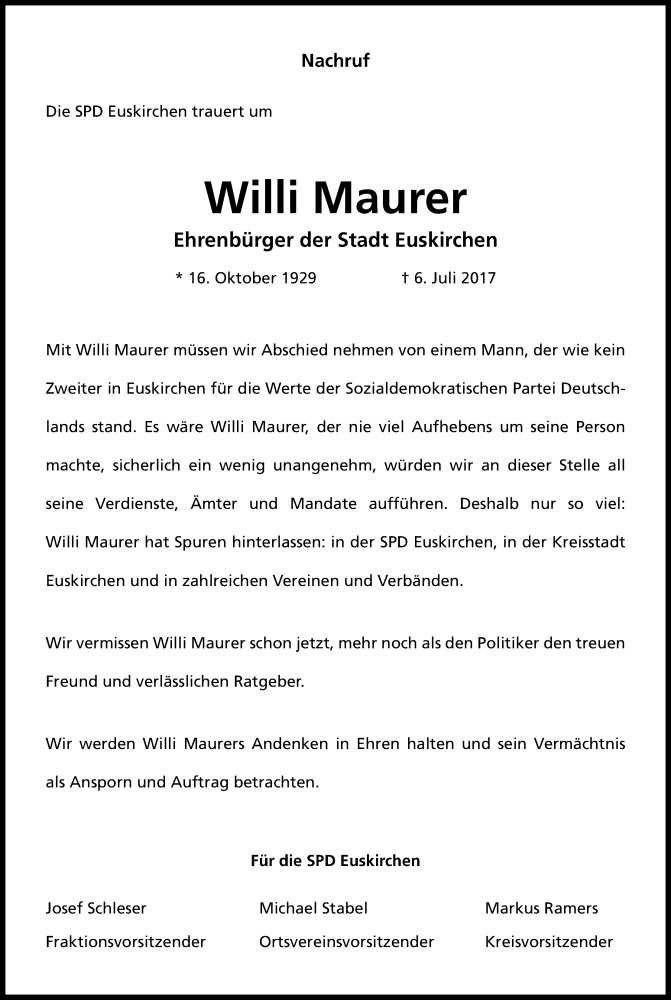  Traueranzeige für Willi Maurer vom 12.07.2017 aus Kölner Stadt-Anzeiger / Kölnische Rundschau / Express