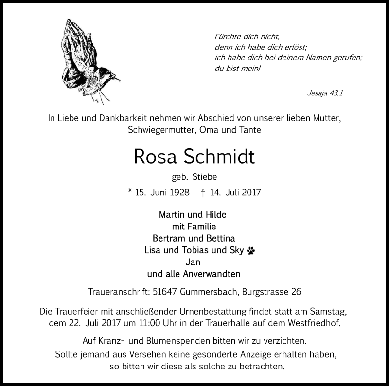  Traueranzeige für Rosa Schmidt vom 19.07.2017 aus Kölner Stadt-Anzeiger / Kölnische Rundschau / Express