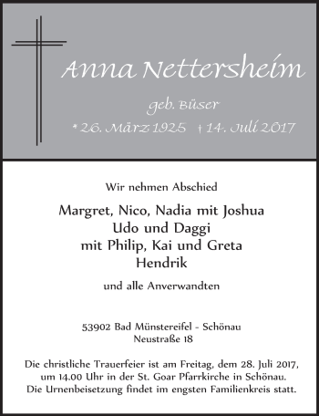 Anzeige von Anna Nüttersheim von  Blickpunkt Euskirchen 