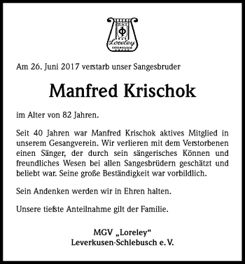 Anzeige von Manfred Krischok von Kölner Stadt-Anzeiger / Kölnische Rundschau / Express