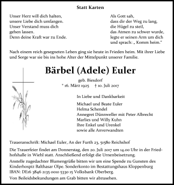 Anzeige von Bärbel (Adele) Euler von Kölner Stadt-Anzeiger / Kölnische Rundschau / Express