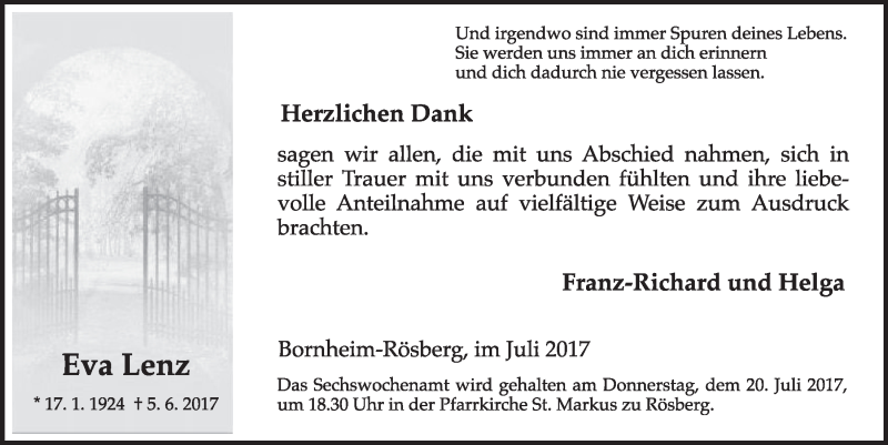  Traueranzeige für Eva Lenz vom 12.07.2017 aus  Schlossbote/Werbekurier 