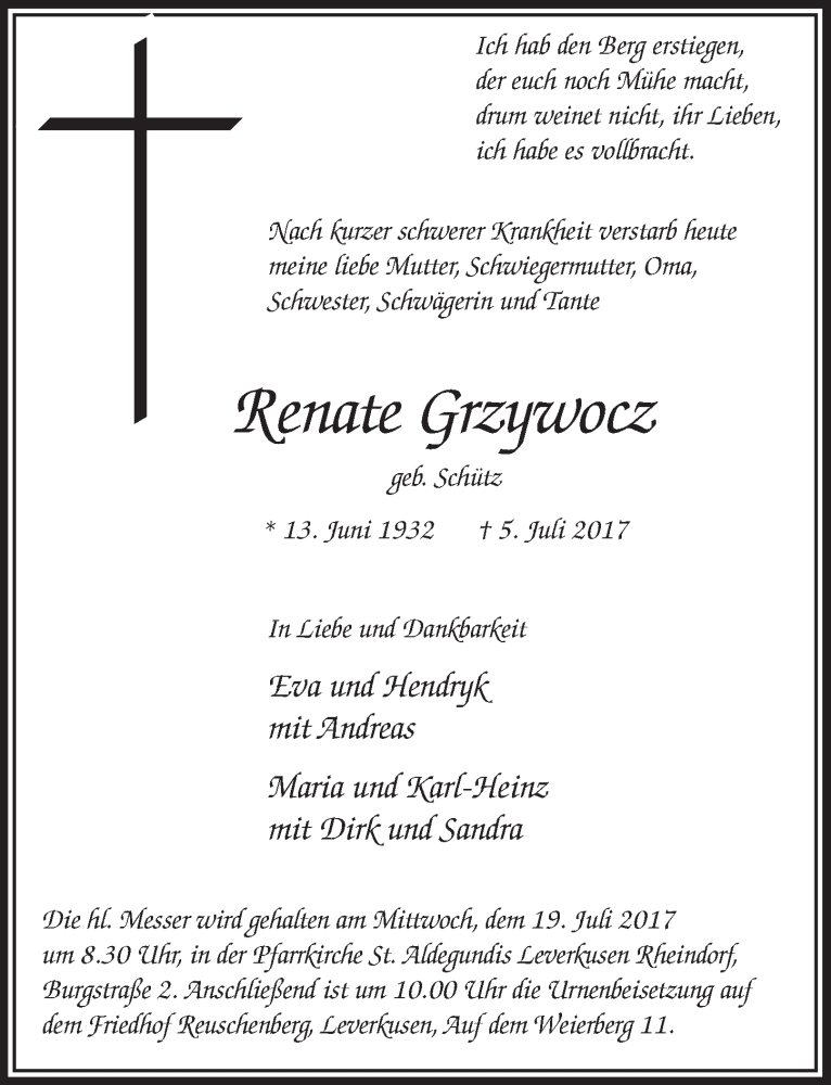  Traueranzeige für Renate Grzywocz vom 12.07.2017 aus  Lokale Informationen 