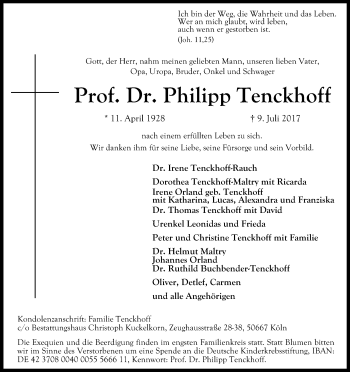 Anzeige von Philipp Tenckhoff von Kölner Stadt-Anzeiger / Kölnische Rundschau / Express