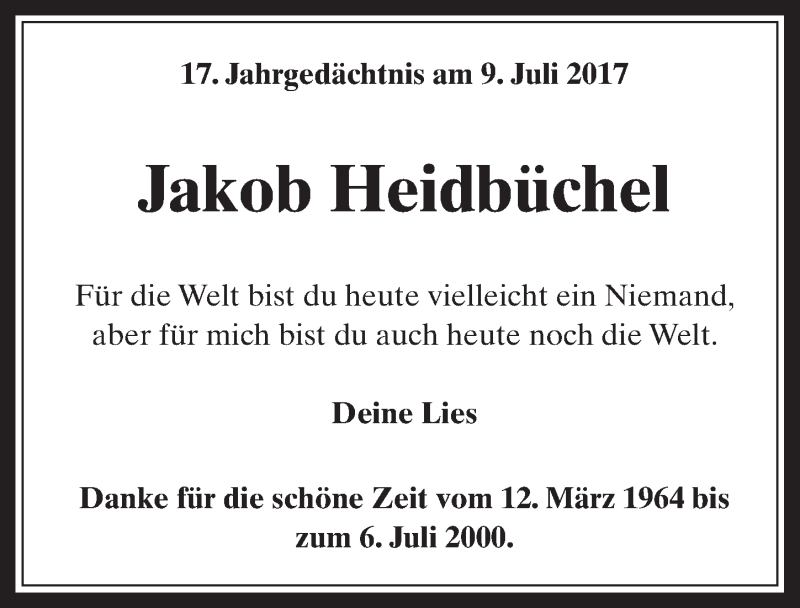  Traueranzeige für Jakob Heidbüchel vom 05.07.2017 aus  Werbepost 