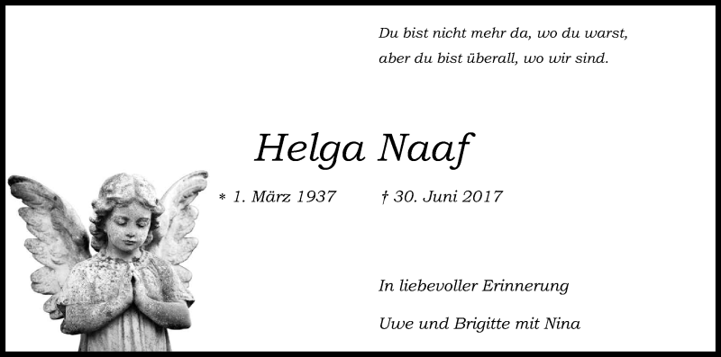  Traueranzeige für Helga Naaf vom 08.07.2017 aus Kölner Stadt-Anzeiger / Kölnische Rundschau / Express
