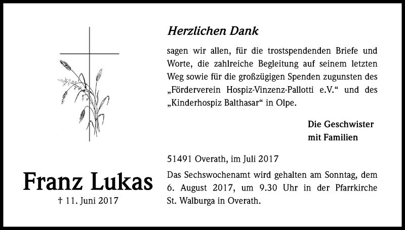  Traueranzeige für Franz Lukas vom 22.07.2017 aus Kölner Stadt-Anzeiger / Kölnische Rundschau / Express