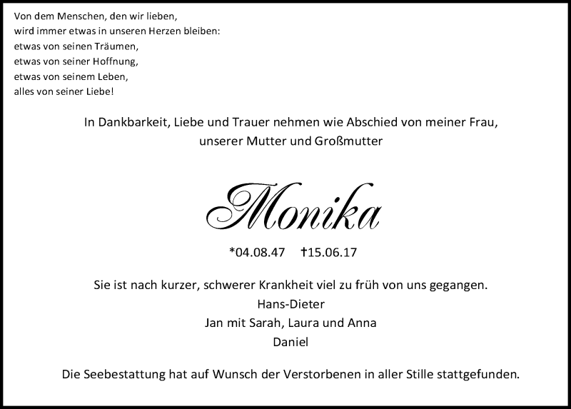  Traueranzeige für Monika  vom 12.07.2017 aus  Kölner Wochenspiegel 