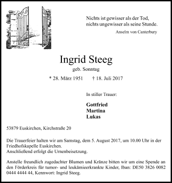 Anzeige von Ingrid Steeg von Kölner Stadt-Anzeiger / Kölnische Rundschau / Express