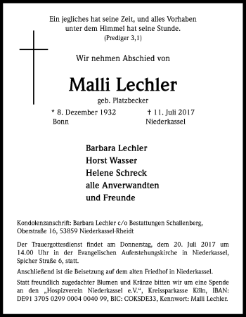 Anzeige von Malli Lechler von Kölner Stadt-Anzeiger / Kölnische Rundschau / Express