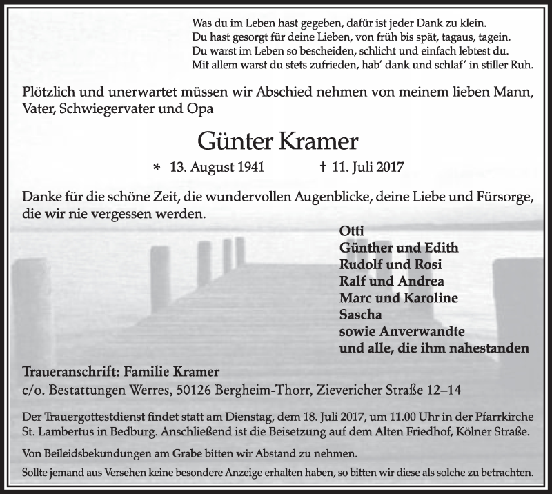  Traueranzeige für Günter Kramer vom 15.07.2017 aus  Sonntags-Post 