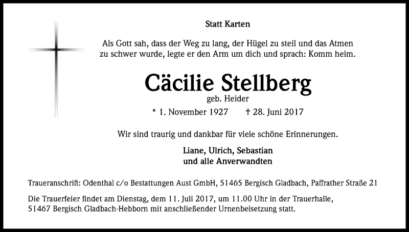  Traueranzeige für Caecilie Stellberg vom 05.07.2017 aus Kölner Stadt-Anzeiger / Kölnische Rundschau / Express