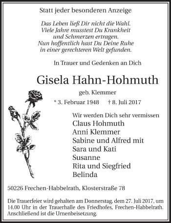 Anzeige von Gisela Hahn-Hohmuth von  Sonntags-Post 