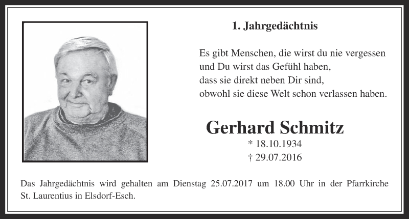  Traueranzeige für Gerhard Schmitz vom 12.07.2017 aus  Werbepost 