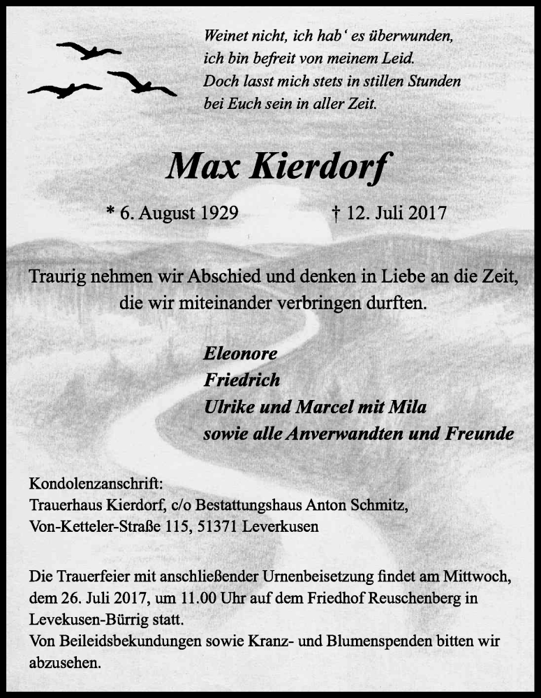  Traueranzeige für Max Kierdorf vom 21.07.2017 aus Kölner Stadt-Anzeiger / Kölnische Rundschau / Express
