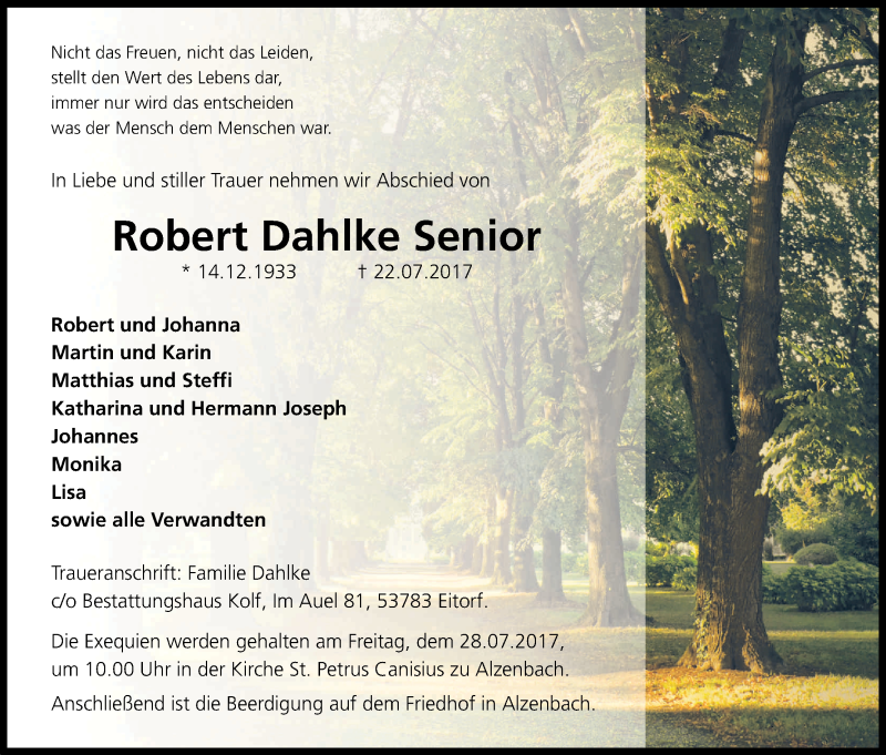  Traueranzeige für Robert  Dahlke Senior vom 25.07.2017 aus Kölner Stadt-Anzeiger / Kölnische Rundschau / Express
